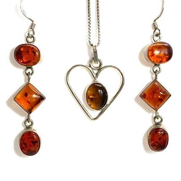 ARN Sterling Silver & Amber Heart Necklace & Dangles - Picture 1 of 7